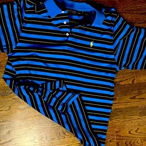 Polo Golf Men’s Medium short sleeve polo. Royal blue w/ black &yellow stripes